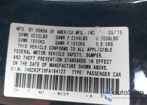 2015 Honda Accord Lx from USA, damaged, VIN 1HGCR2F3XFA194122
